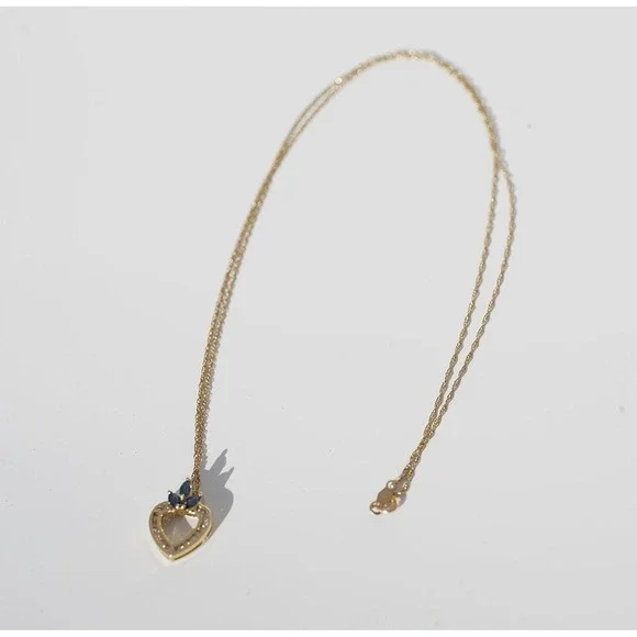 Vintage 14k Solid Yellow Gold Heart Natural Sapphire & Diamond Pendant Necklace‎ - Picture 8 of 8